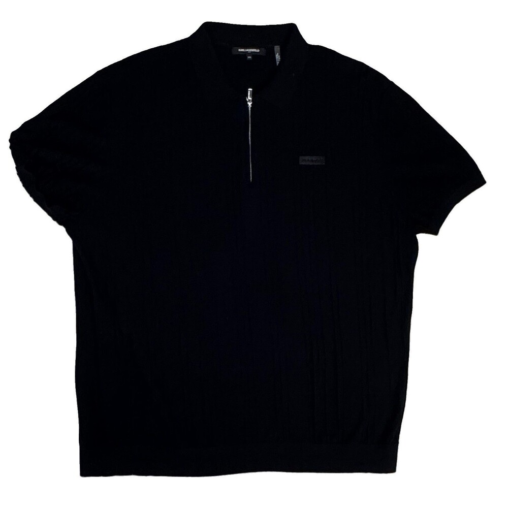 Karl Lagerfeld Ribbed Black Polo Shirt Men’s 2XL Stretch Short Sleeve